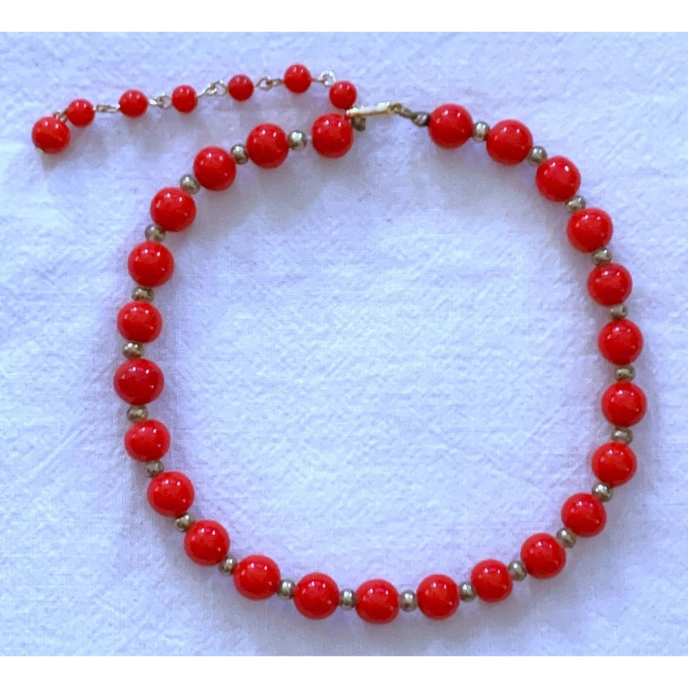 1950s Japan Cherry UV Glow Red Glass Bead Necklace Choker‎ 12" w 3" Extender